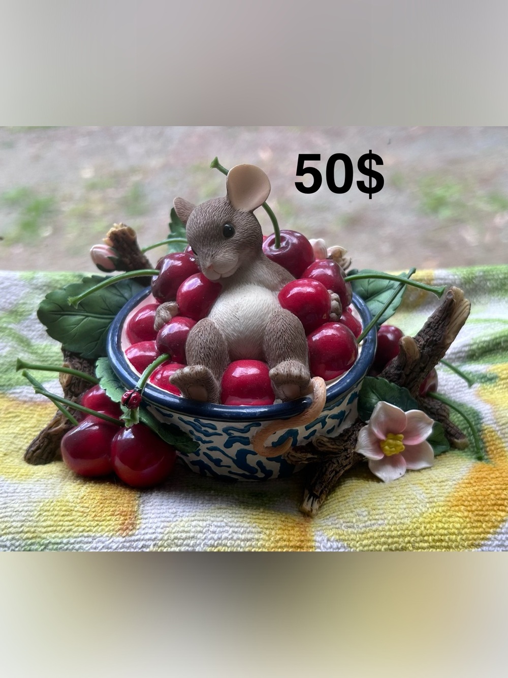 Charming tales Decorative mouse in Cherry Bowl Figurine - Brown & Red